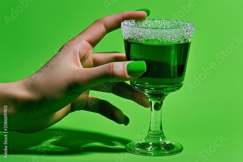 Green drink in a glass held by a hand with bright nails