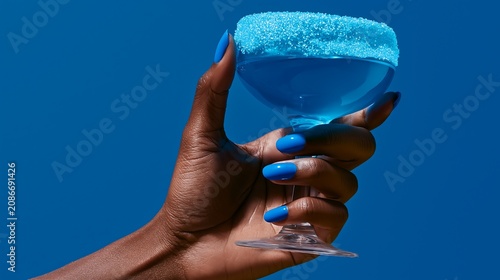 Hand holding a blue drink with a sugar rim against a blue background
