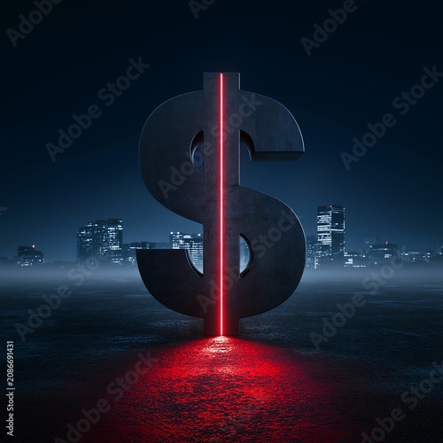 Large dollar sign shines with red light in a dark city setting