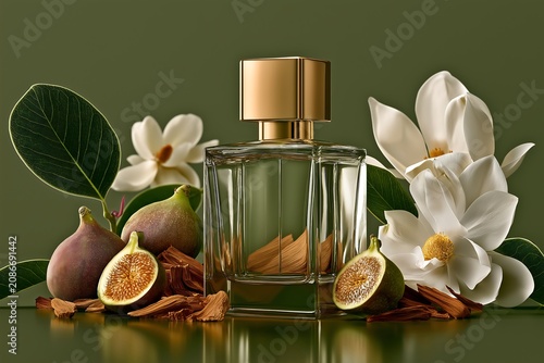 Perfume bottle with figs and flowers on green background