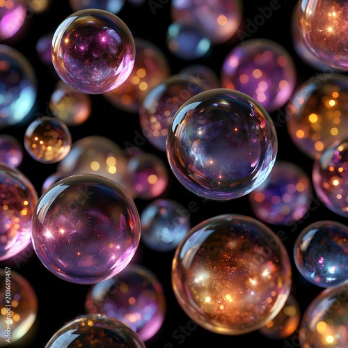 Colorful bubbles float in dark space with bright lights at night