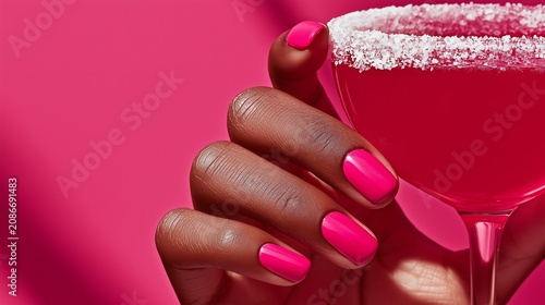 Bright pink cocktail in hand with colorful background