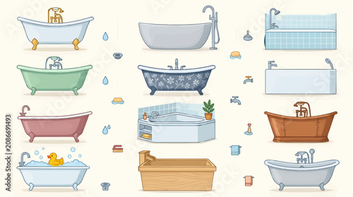 Fotografía Collection of Bathtubs in Various Styles and Designs, Flat Vector Illustration S