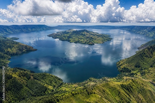 Aerial View of Lake Toba with Samosir Island Surrounded by Green Hills, North Sumatra Indonesia