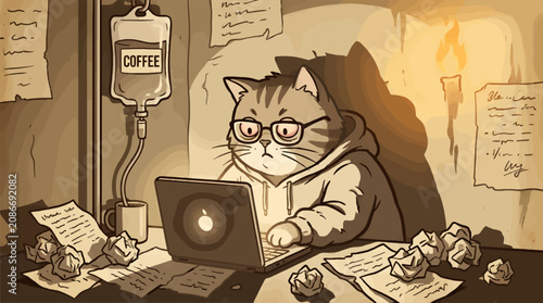Photos Exhausted Tabby Cat Wearing Glasses Typing on Laptop with Coffee IV Drip, Crumpl
