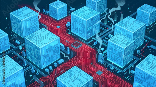 Obraz na plátně Digital Cityscape of Colossal Sky Blue Cubes with Intricately Engraved Radiant R