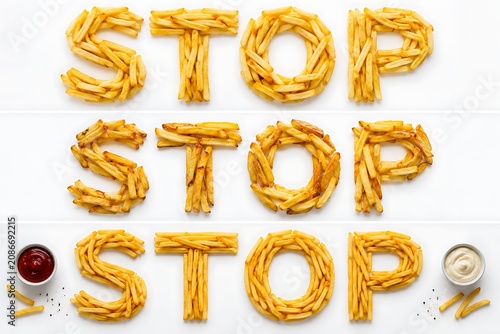 Fries arranged to spell stop in a creative food display