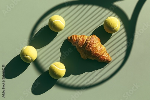 Croissant and tennis balls on green surface with racket shadow