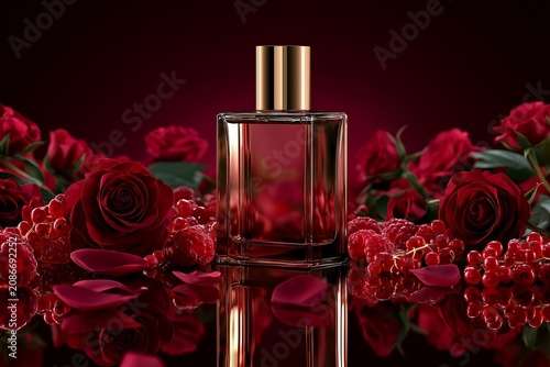 Bottle of perfume surrounded by red roses and berries on black surface