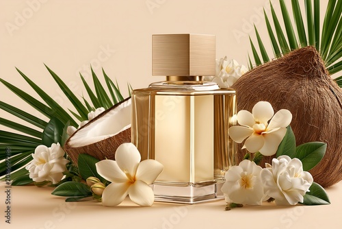 Fragrance bottle among coconut and flowers on a light background