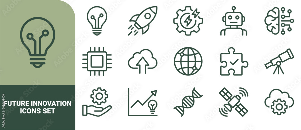 Fototapeta premium Set of 15 outline technology and future innovation symbols including light bulb, rocket, robot, microchip, and satellite