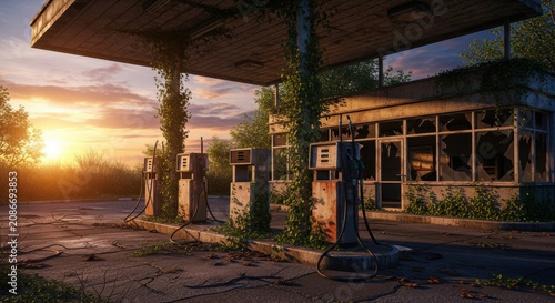 Abandoned gas station stands in ruins as nature slowly reclaims the neglected concrete structure.