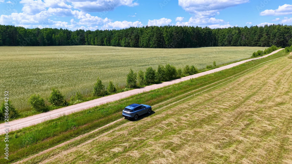 Fototapeta premium Silver SUV parked on dirt road alongside green wheat field under bright blue sky