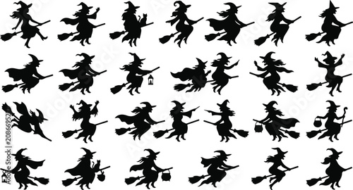 Fotografie Collection of witch silhouettes on broomsticks halloween vector graphics for sea