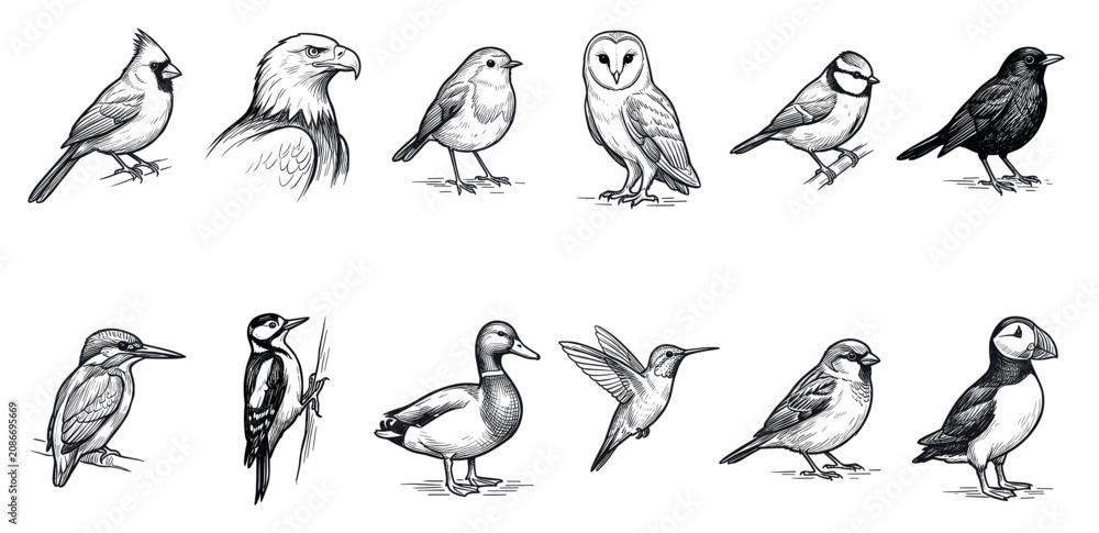 Fototapeta premium Diverse collection of hand-drawn bird illustrations, showcasing various species in a classic sketch style on a clean white background