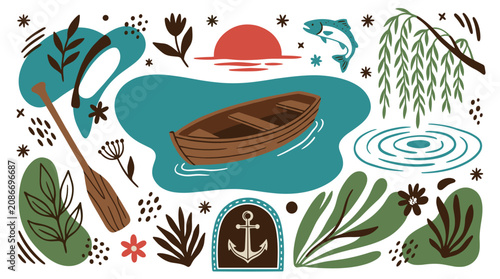 Fishing and nature vector icons with boat, fish and paddle for infographic design in rustic hand drawn style