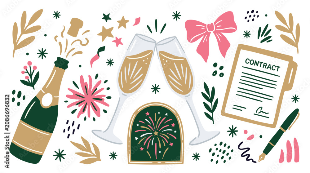 Fototapeta premium Celebration and contract vector icons with champagne bottle, glasses and contract for party invitation design in colorful illustration