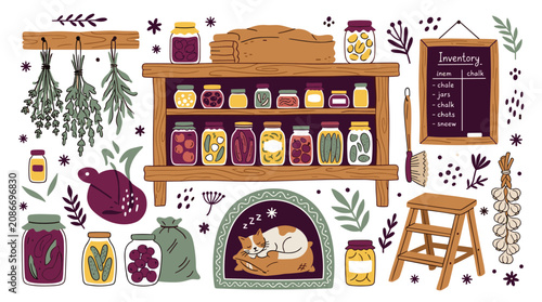 Home and kitchen vector icons with jars, canned food and shelf for branding design in rustic hand drawn style