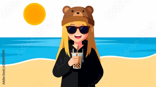 Canvastavla Cute Anime Girl with Blonde Hair, Sunglasses, and Bear Beanie Holding Boba Tea o