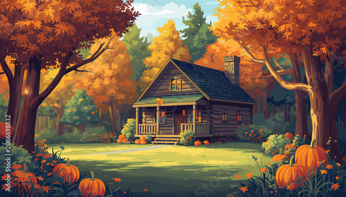 Canvastavla Cozy wooden cabin nestled in a vibrant autumn forest surrounded by pumpkins and fall foliage