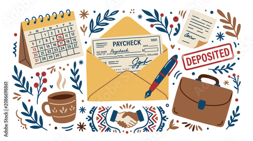 Finance and work vector icons with paycheck, calendar, briefcase, and coffee cup for presentation design in colorful flat illustration