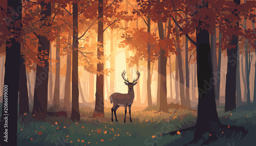Bild auf Leinwand A majestic deer stands gracefully in an enchanting autumn forest bathed in warm, golden sunlight, creating a serene and picturesque natural scene
