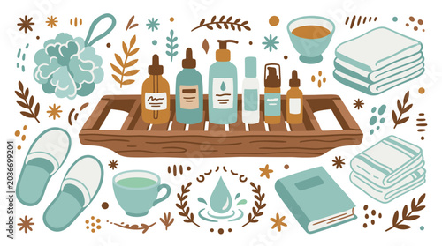 Spa and relaxation vector icons with lotions, slippers and towels for branding design in calm illustration style