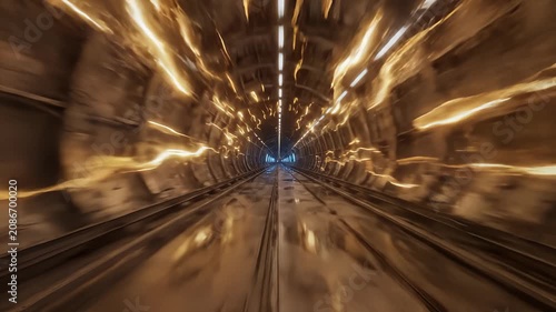 Fast speed travel through futuristic underground metal tunnel, abstract energy light trails concept.