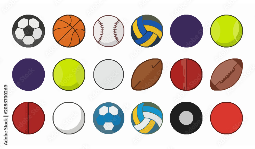 Fototapeta premium Sports Ball Icon Set with Soccer Basketball Baseball Volleyball and Athletic Equipment Vector Illustration