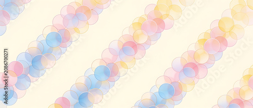 Diagonal lines of semi-transparent multicolored circles in pastel tones on a light background, creating a soft bokeh effect.