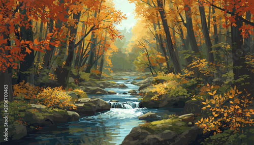A serene autumn forest landscape with a winding stream flowing through vibrant orange and yellow trees under soft sunlight.