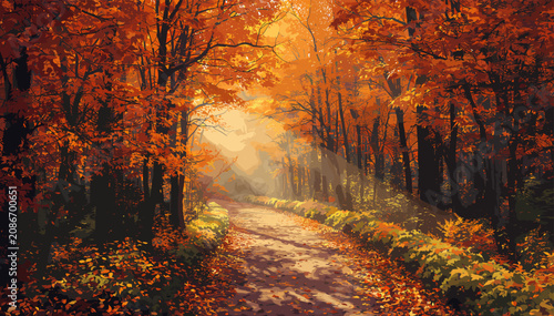Fotografi Sunlit autumn path winding through a vibrant forest with golden and orange leaves, creating a serene and picturesque natural landscape