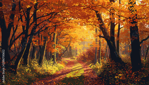 Slika na platnu A picturesque autumn forest path bathed in golden sunlight, with vibrant orange and yellow leaves creating a stunning natural canopy