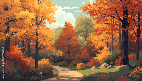 Canvas Print A picturesque autumn landscape with a winding path through a forest of vibrant orange and yellow trees under a partly cloudy sky