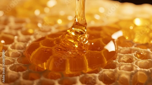 Golden Honey Drizzling Over Natural Honeycomb Background, Slow Motion Close Up Footage of Sweet Organic Nectar Flowing and Coating Hexagonal Wax Structure for Food Commercial and Culinary Projects.