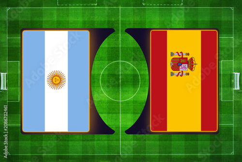 фотографія Argentina and Spain flags in glowing frames side-by-side over a green soccer pit