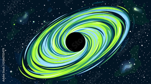 Tableau sur toile Black Hole with Vibrant Lime Green and Cyan Swirling Accretion Disk in Deep Spac
