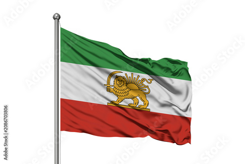 Historic Iranian Lion and Sun Flag Waving on Flagpole Isolated on Transparent Background, Persian Tricolor Banner, National Heritage Symbol