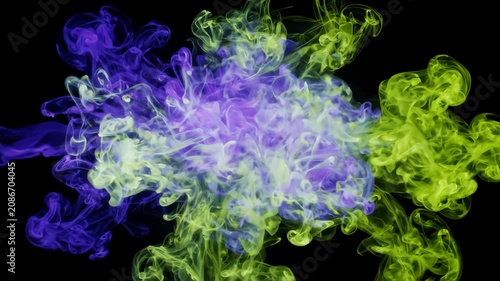 Vibrant purple and yellow liquid pigment explosion, swirling ink clouds blending in dark liquid.