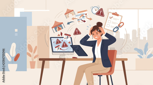 Overwhelmed Woman Drowning in Work Tasks and Computer Errors