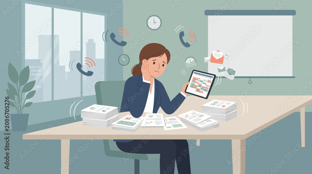 Fototapeta premium Stressed business woman overwhelmed with tasks, phone calls and emails in office