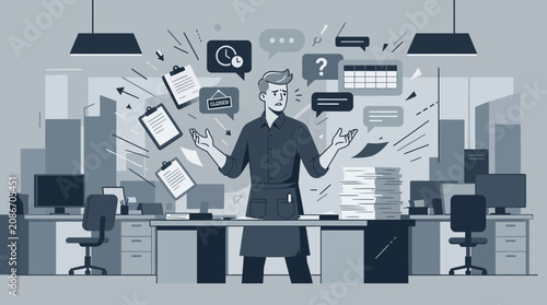 Overwhelmed office worker juggling tasks with chaos and communication symbols.
