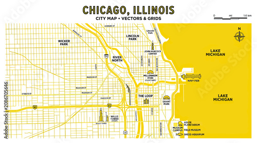 Quadro su tela Chicago Illinois City Map Vector Graphic with Lake Michigan and Grid Layout