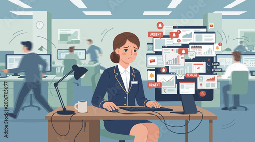 Overwhelmed businesswoman in busy office, flooded with digital notifications