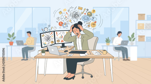 Overwhelmed Office Worker Stressed by Workload and Tasks