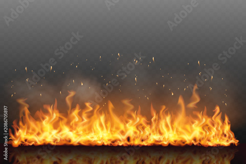 Fotografi Burning flames with flying sparks and smoke on a transparent background for desi