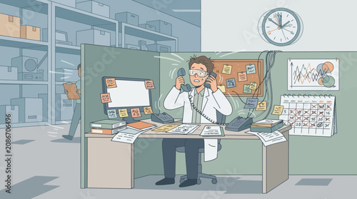 Busy scientist in lab coat overwhelmed with multitasking at desk, phone calls, deadlines