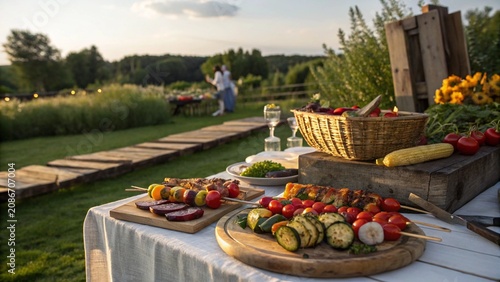 Summer organic barbecue feast with grilled vegetables and refreshing drinks on a long wooden table outdoors.