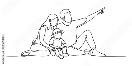 Tableau sur toile Happy family with father mother and little child sitting together and pointing f