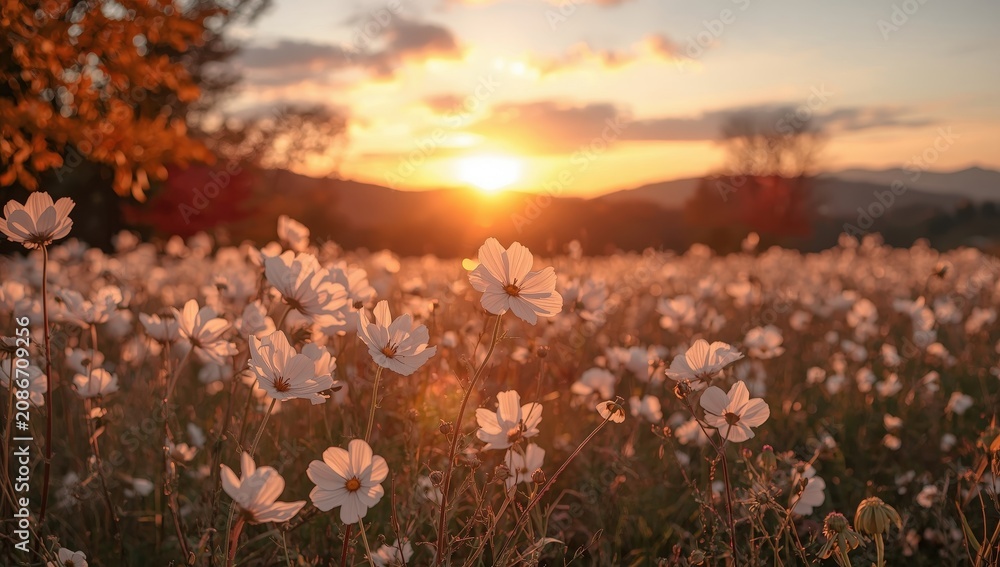 Naklejka premium Backlit white cosmos flower at sunset in a Korean autumn landscape.